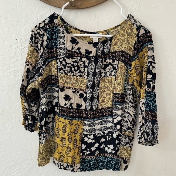 J Jill Patchwork 3/4 Sleeve Floral Rayon J Jill Top Boho Scoop Popover Blouse MP - Picture 1 of 10